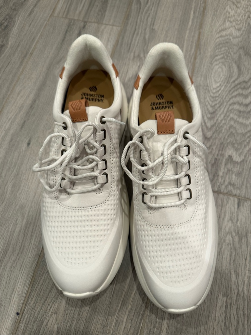 Johnston & Murphy Amherst 2.0 Embossed White Leather Sneakers with Tan Pull Tabs